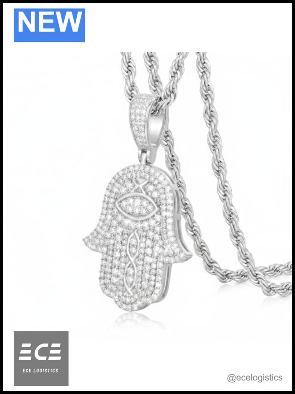 18K Gold Plated Moissanite Hamsa Hand Evil Eye Pendant Necklace Hip Hop